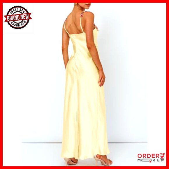 Satin Spaghetti Strap Floral Embroidered Maxi Dress Sweetheart Neckline Backless - Picture 4 of 7